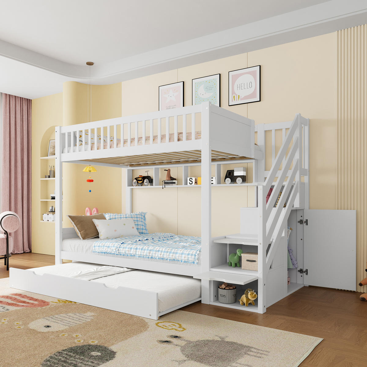 ETAGENBETT 90/200 cm mit Ausziehbett, Kleiderschrank, Regal und Stauraumtreppe aus Kiefern , Weiß - Weiß, Holzwerkstoff (90/200cm) - Redom