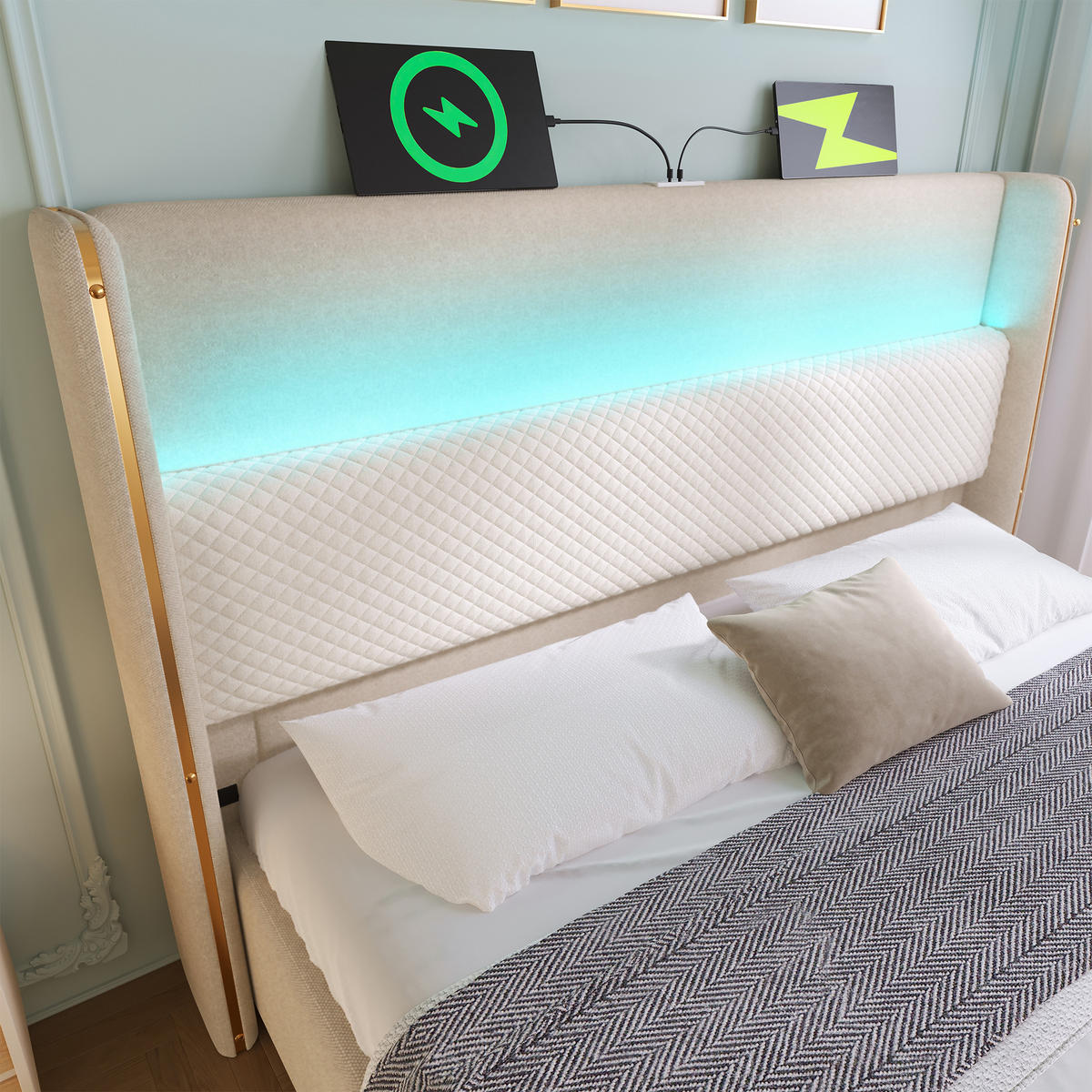 POLSTERBETT 180/200 cm mit hydraulischem Bettkasten, LED-Kopfteil & USB/Type-C, Beige - Beige, Textil (180/200cm) - Redom