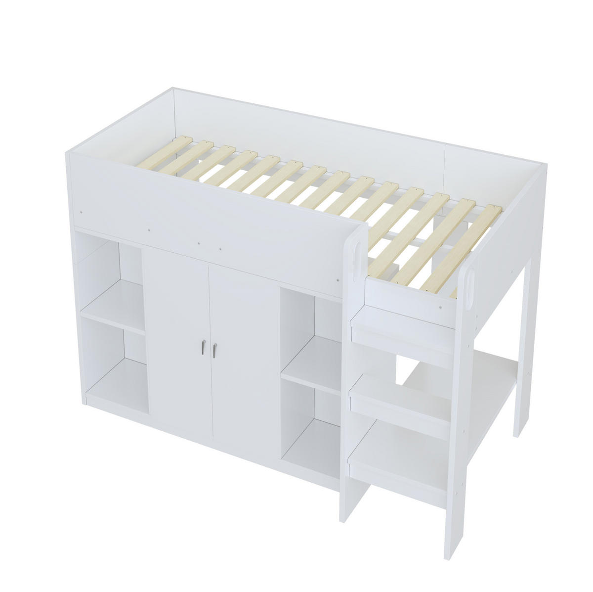 HOCHBETT 90/200 cm mit Leiter, Schrank und Regalen aus Holzwerkstoff, platzsparend mit Stauraum, Weiß/Grau - Weiß, Holzwerkstoff (90/200cm) - Redom