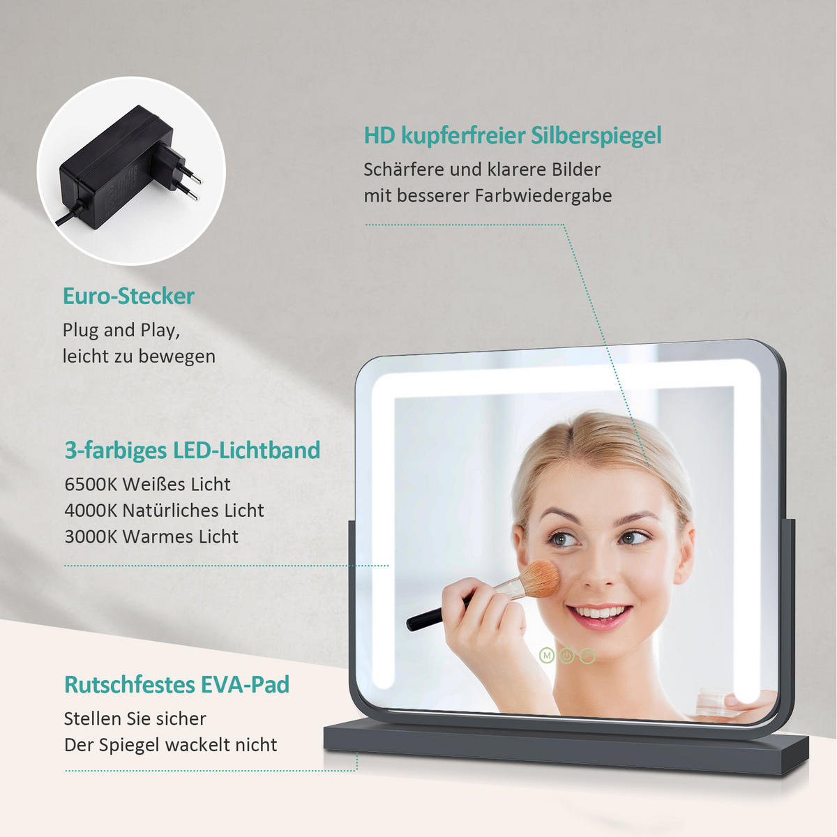 KOSMETIKSPIEGEL mit Beleuchtung, Schwarz, 60/51,6/11,8 cm - Schwarz, Glas (51.6/11.8/60cm) - EMKE