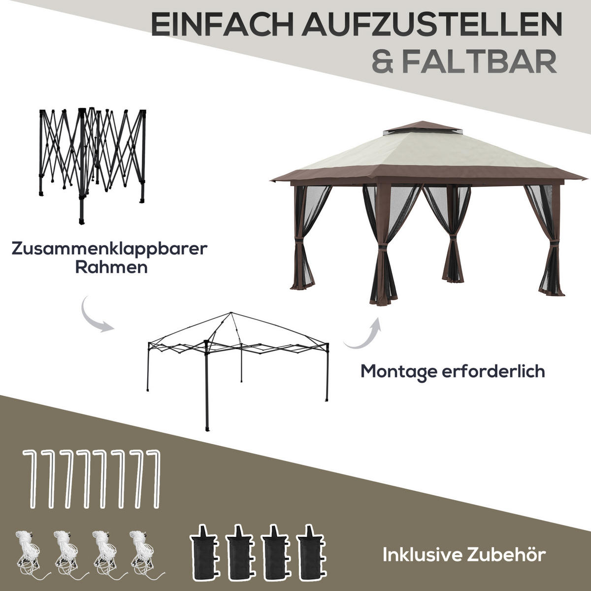 PAVILLON Faltpavillon 392/392/283 cm aus Polyester mit höhenverstellbarem Doppeldach Beige - Beige, Textil (392/283/392cm) - Modenvie
