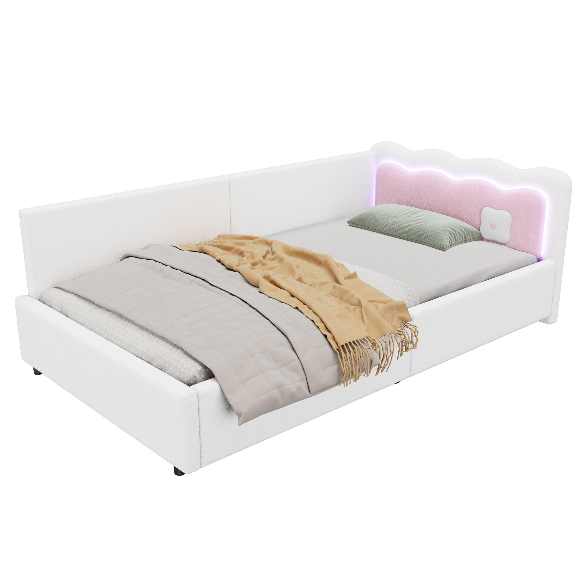 OKWISH DENNÍ postel 90/200 cm bílá z velvetu a MDF s LED osvětlením