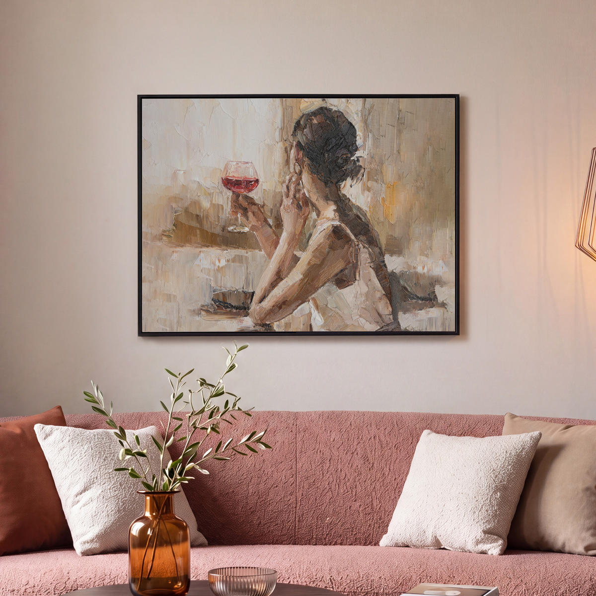 LEINWAND Bilder mit Rahmen - Ölgemälde - Frau - Wein - 80x60 - Hellbraun, Textil (80/60cm) - MuchoWow