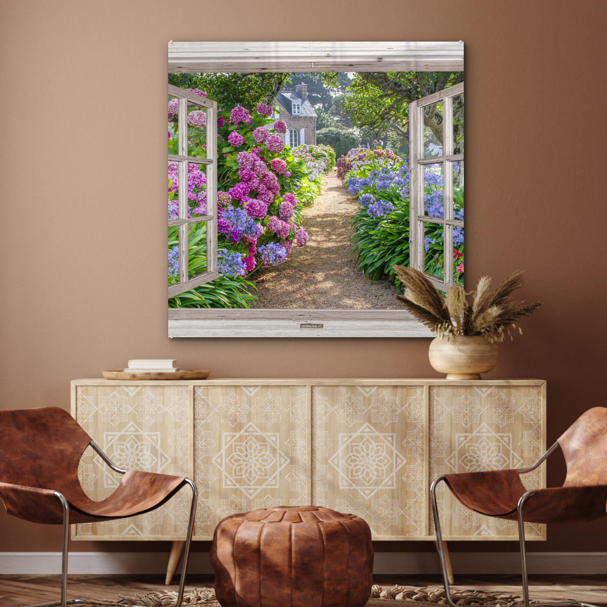 ACRYLGLASBILD Hortensie - Durchsichtig - Blumen - Sommer - Lila - Weg 90x90 cm - Lila, Glas (90/90cm) - MuchoWow