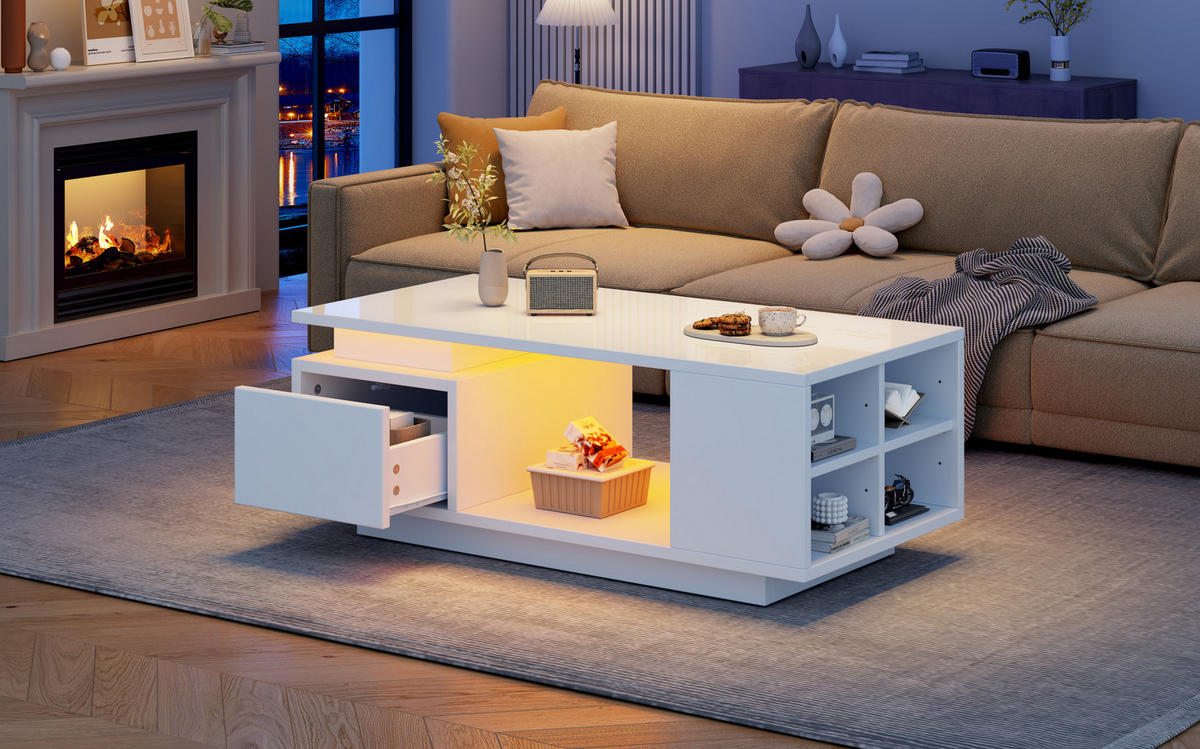 COUCHTISCH 100/50/36 cm weiß aus Spanplatte mit Schublade und LED - Weiß, Holzwerkstoff (100/50/36cm) - OKMYHOME
