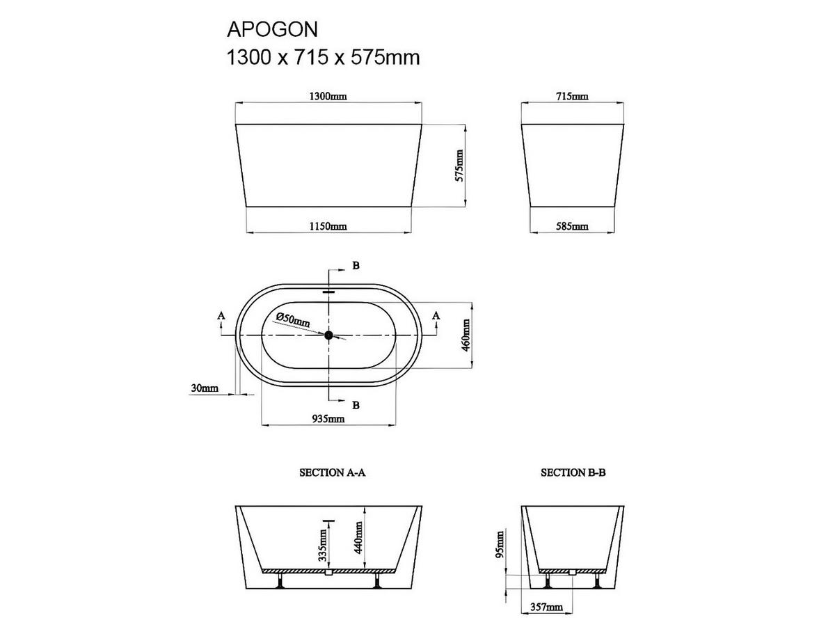 FREISTEHENDE Badewanne - 1 Person - acryl - schwarz Apogon - Schwarz, Kunststoff (130/58/71cm) - Vente-Unique