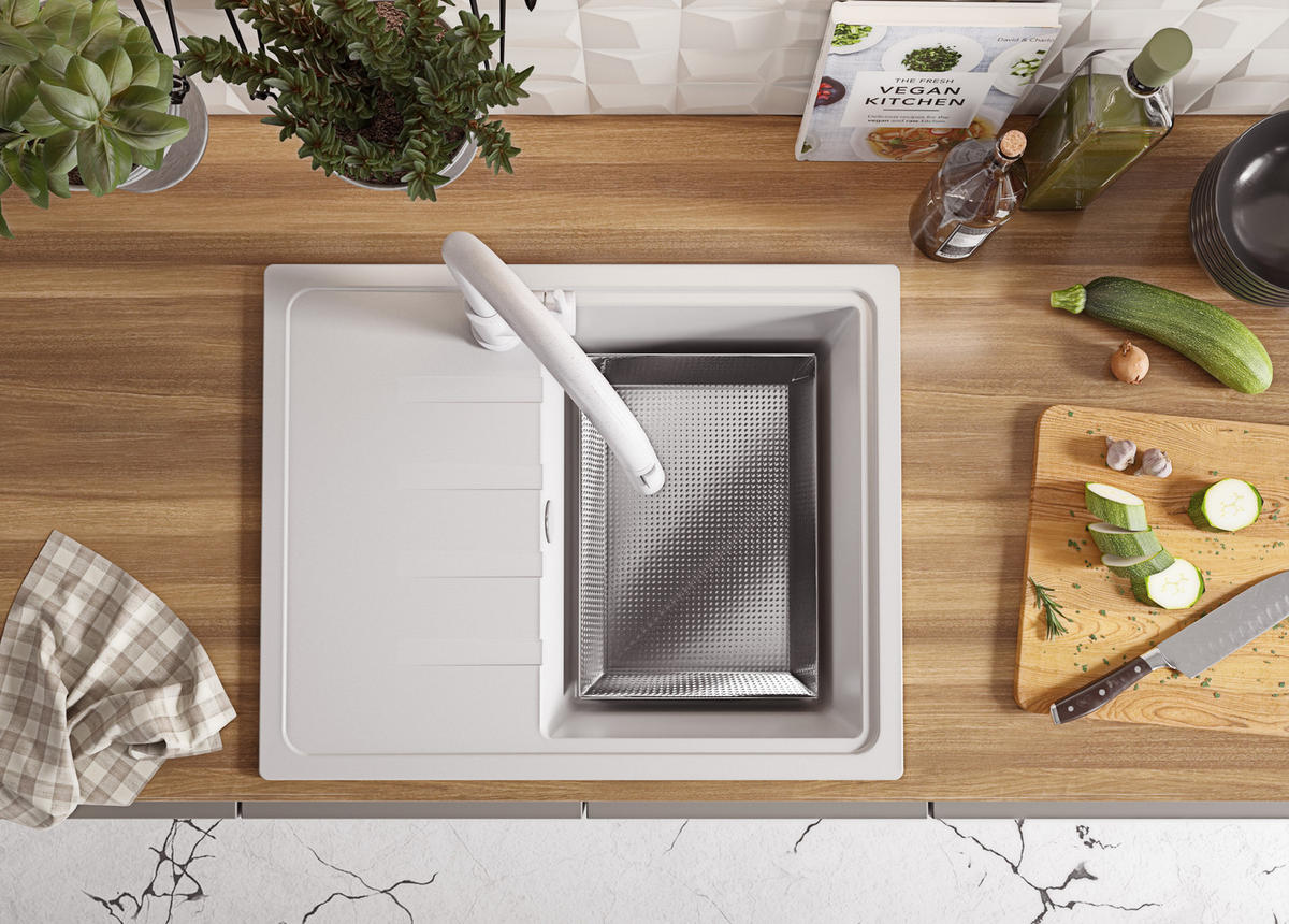 GRANITSPÜLE Mailand, 2-er set Weiß 62/50 cm 1 Becken + Küchenarmatur 40/20 cm + Ablauf-Set ab 40er Unterschrank - Chromfarben/Weiß, Kunststoff (62/19/50cm) - Primagran