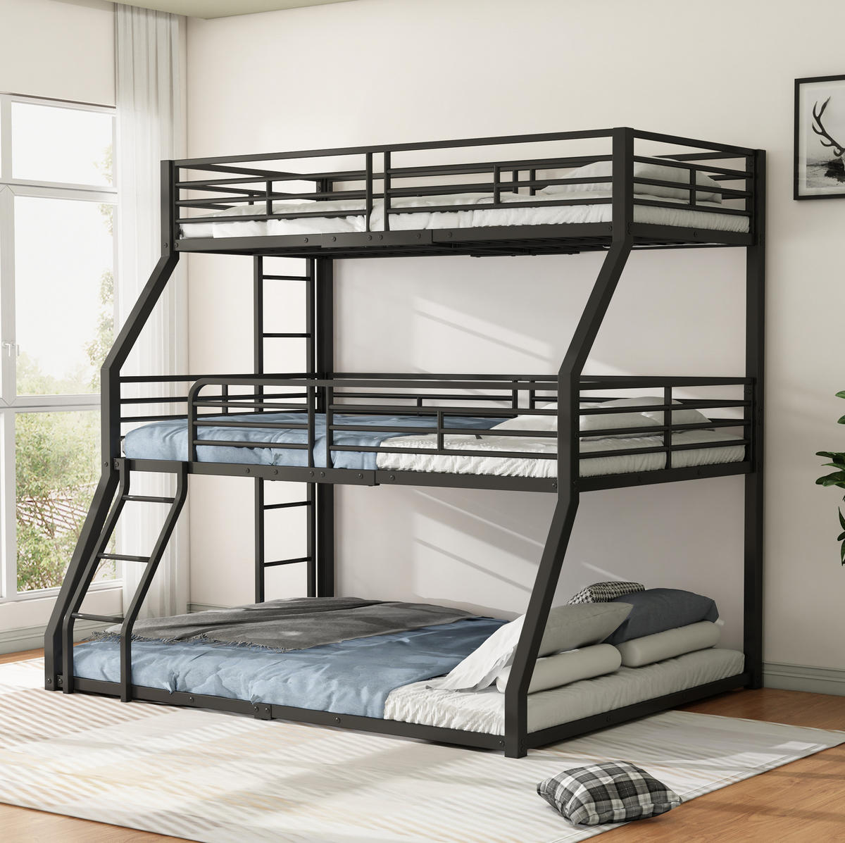 ETAGENBETT aus Metall 90x200 cm Schwarz mit 2 Leitern und Sicherheitsgeländer, platzsparendes Dreifachbett - Schwarz, Metall (90/200cm) - Modfu
