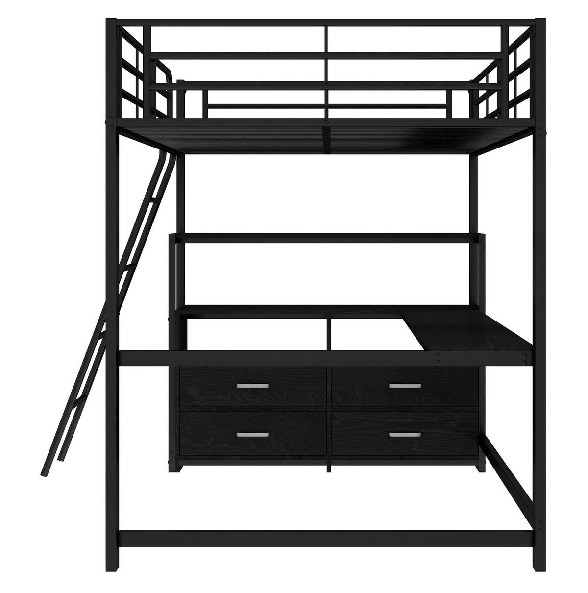 HOCHBETT 140/200 cm in Schwarz mit L-Schreibtisch und Schubladen - Schwarz, Metall (140/200cm) - Flora Grace