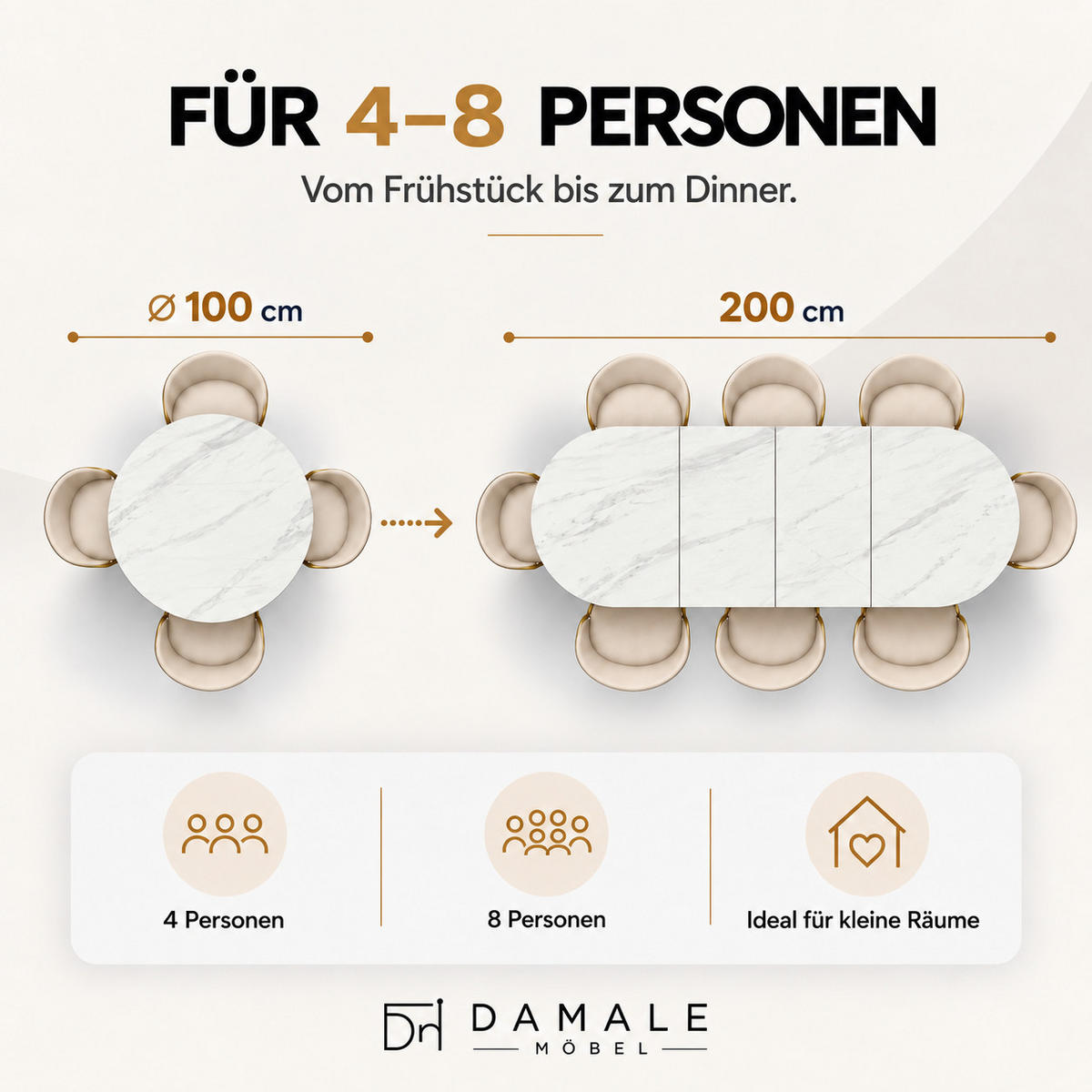 ESSTISCH rund ausziehbar 100/200/76 cm, Marmor, 54 cm Tischplatte + X Metallbeine Gold - Goldfarben/Hellgrau, Holzwerkstoff/Metall (100/200/76cm) - Damale Möbel