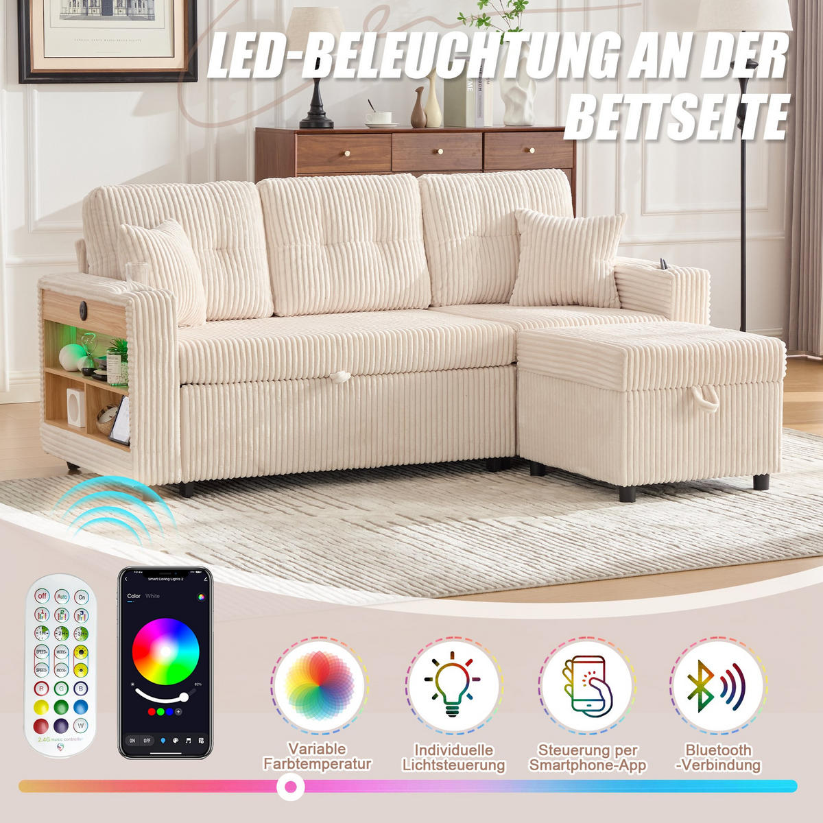 SCHLAFSOFA 3-er Sofa mit Schlaffunktion,Aufbewahrungshocker,Cord,Beige - Beige, Textil (196/85/119cm) - LVHOM