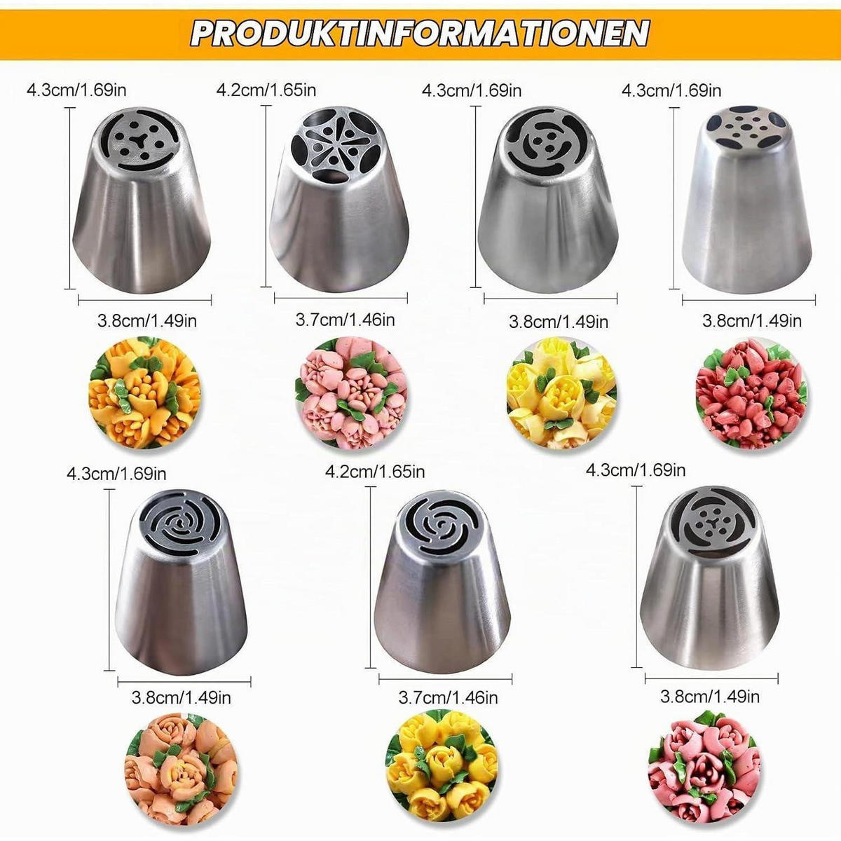 SPRITZTÜLLEN 7-teiliges Set Blumenmuster Edelstahl - Silberfarben, Metall (3.8/4.3/4.3cm)