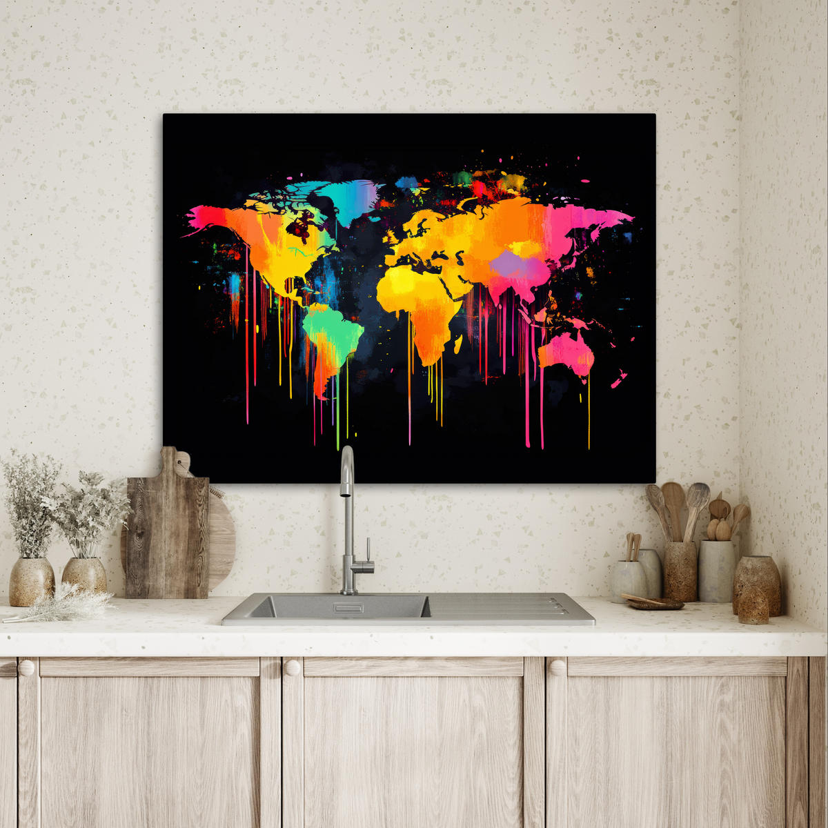 LEINWANDBILD Weltkarte - Farbe - Bunt - Graffiti - Welt Wandbilder 80x60 cm - Multicolor, Textil (80/60cm) - MuchoWow
