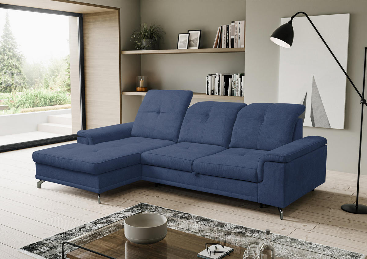 ECKSOFA PANAMA mit Schlaffunktion und Bettkasten, Farbe: Dunkelblau, Velourstoff, Ottomane Links - Dunkelblau, Textil (270/180cm) - VENASI MÖBEL