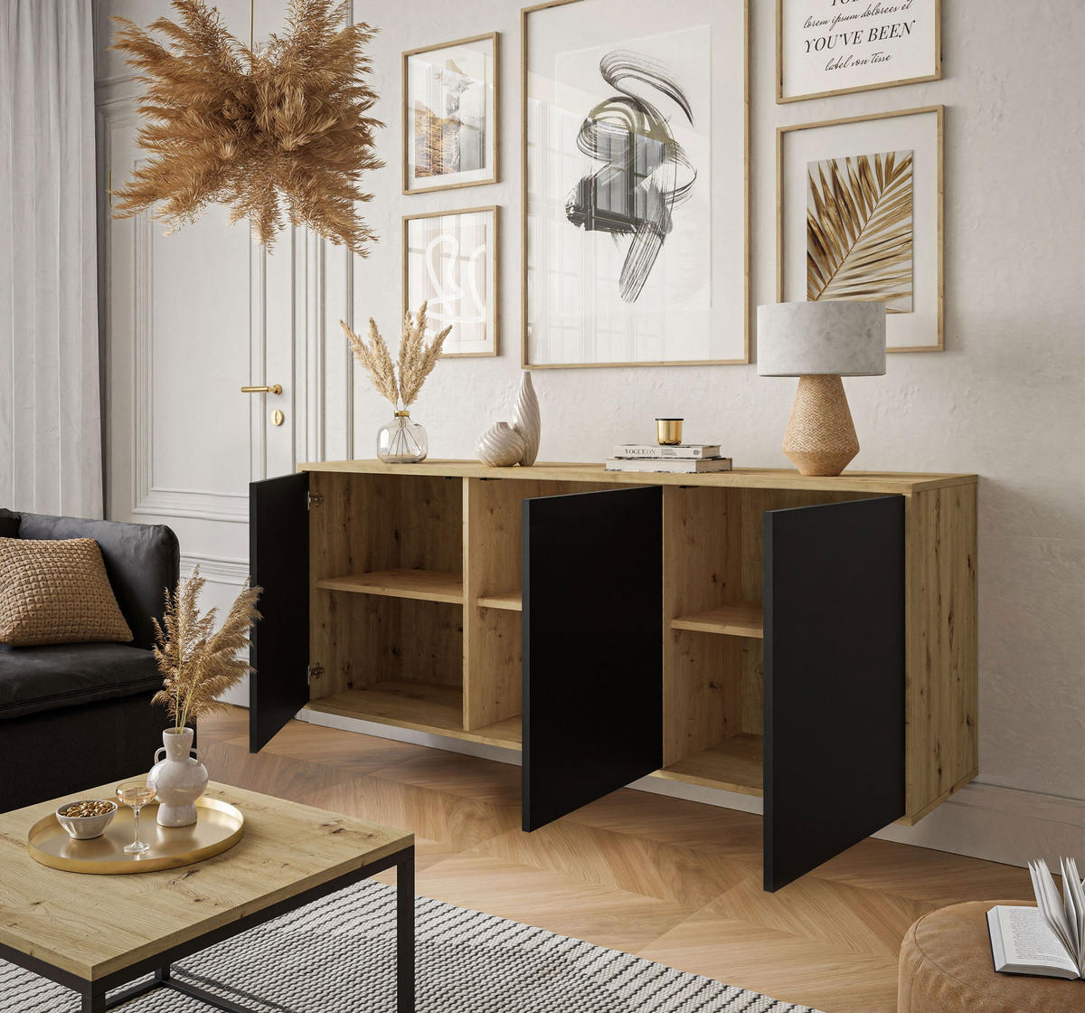 KOMMODE SANAYI III Eiche Artisan/Mattschwarz - Schwarz, Holzwerkstoff (154/72/40cm) - Lookway