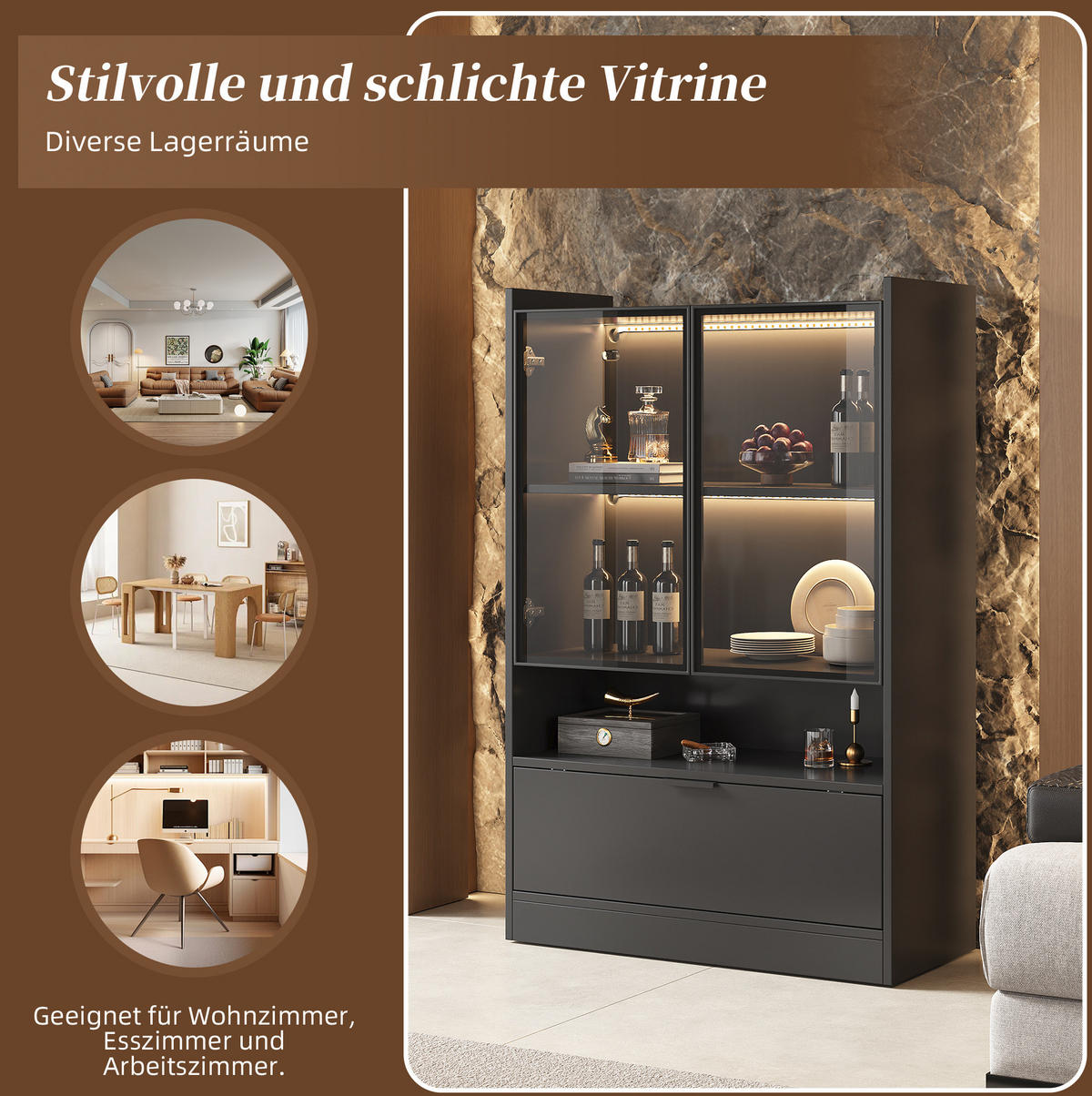 VITRINE 80/35/120 cm mit LED-Beleuchtung, Glastüren und Klapptür, Schwarz matt - Schwarz, Holzwerkstoff (80/120/35cm) - Redom