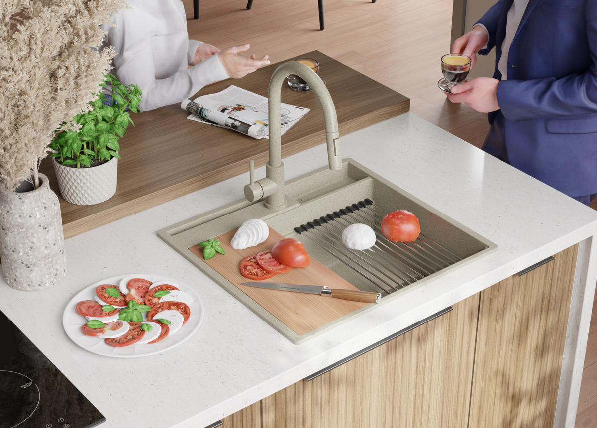 SPÜLBECKEN Oslo Pocket, 2-er set Beige 58/53 cm 1 Becken + Ablauf-Set + Küchenzubehörset ab 60er Unterschrank - Chromfarben/Beige, Kunststoff (58/20/53cm) - Primagran