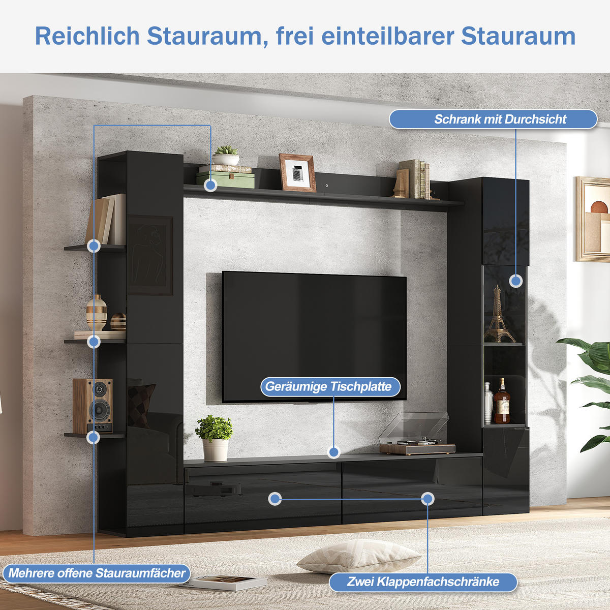 TV-ELEMENT 245/30/170 cm Schwarz mit Türanschlag wechselbar und Stauraum (4 Stück) - Schwarz, Holz (245/170/30cm) - Oxeza