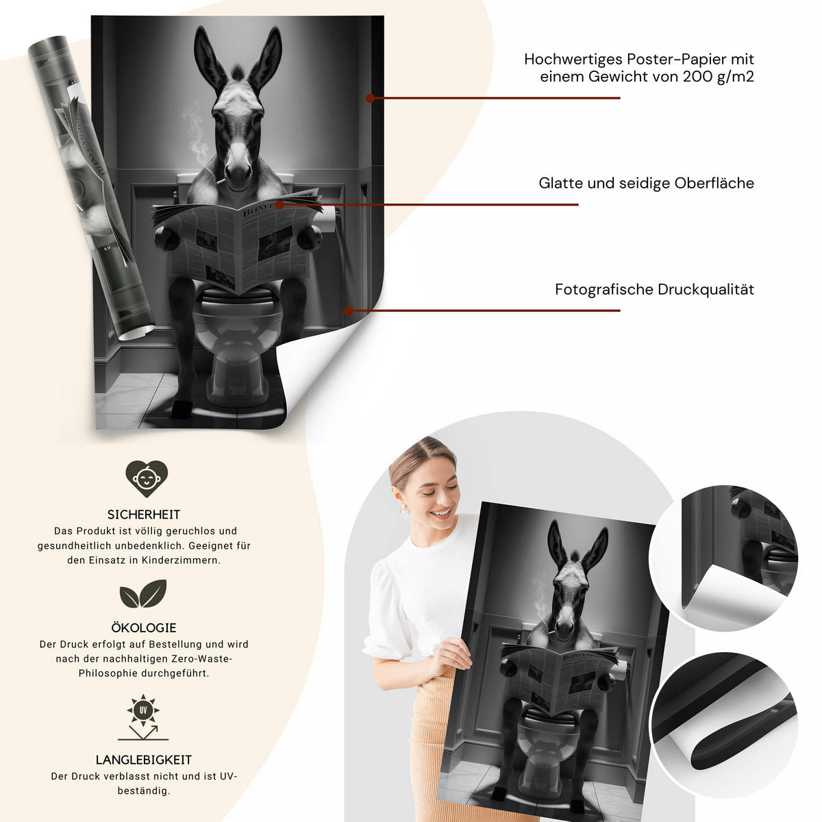 POSTER für Badezimmer WC ESEL mit Zeitung auf Toilette Abstraktion 20x30cm - Schwarz/Weiß, Papier (20/30/1cm) - Muralo