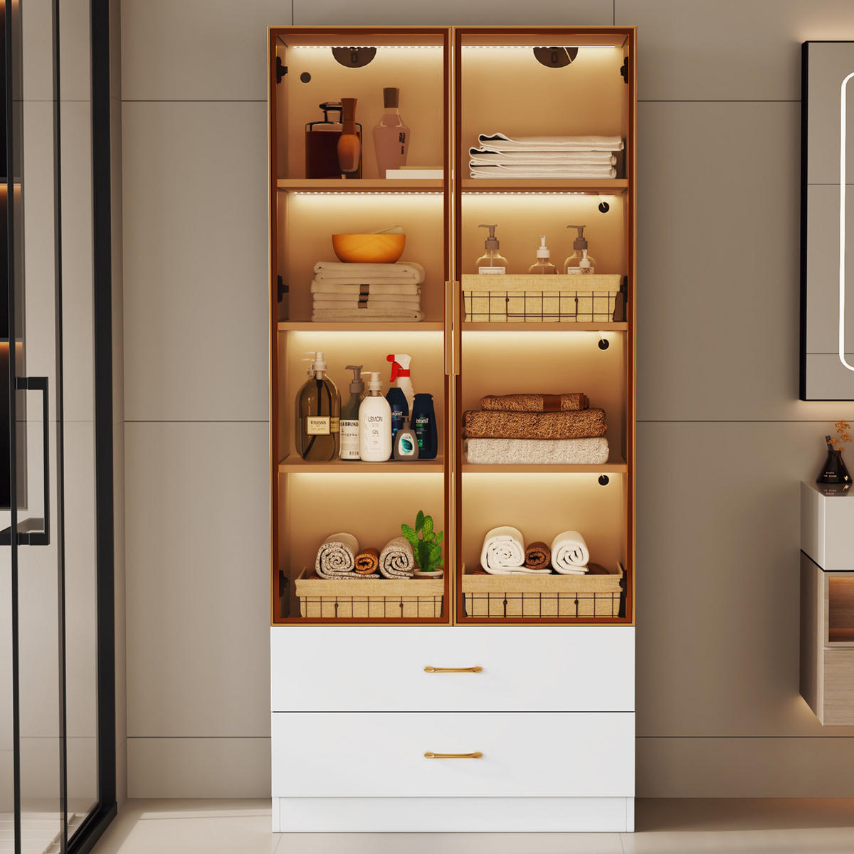 HOCHSCHRANK,BADEZIMMERSCHRANK mit LED Beleuchtung und Schubladen - Naturfarben, Holz (75/170/34cm) - PARAFTA HOME
