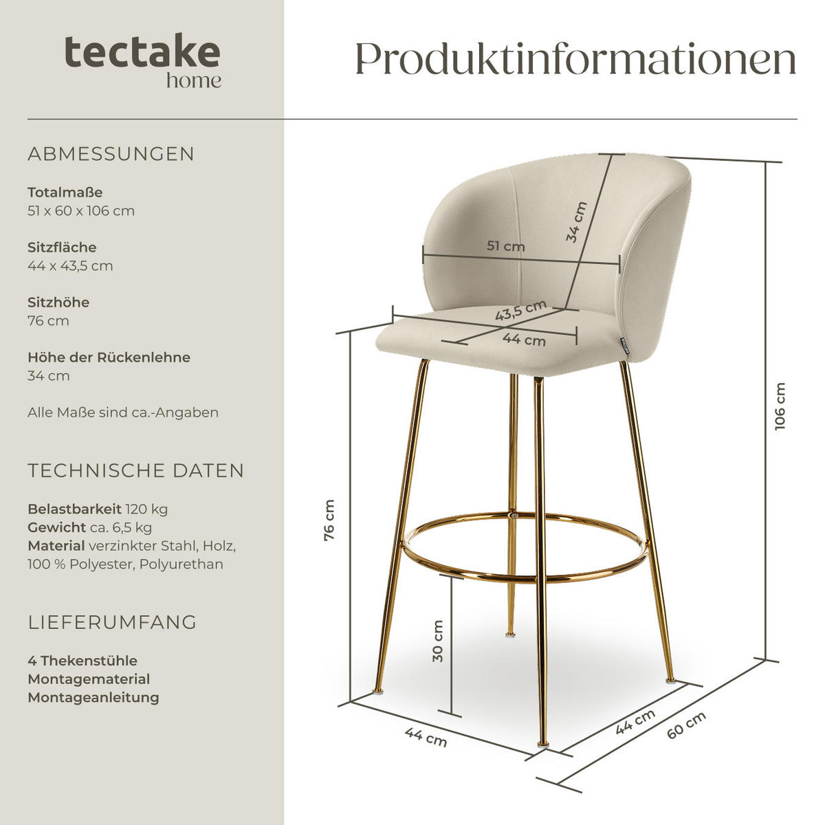 BARSTUHL Luana,51 x 60 x 106 cm, Belastbarkeit 120 kg,creme/gold - Goldfarben/Creme, Kunststoff/Textil (51/106/60cm) - tectake