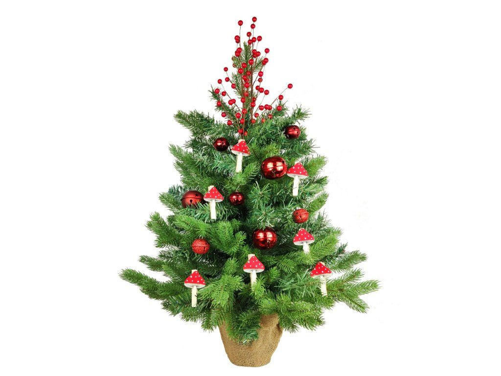 WEIHNACHTSBAUM künstlicher 60 cm mit LED-Beleuchtung, ZAUBERPILZ, mit 36 Weihnachtsbaumschmuck, Pflanztopf mit Jutesack - Rot/Grün, Kunststoff/Stein (40/60cm) - LAALU