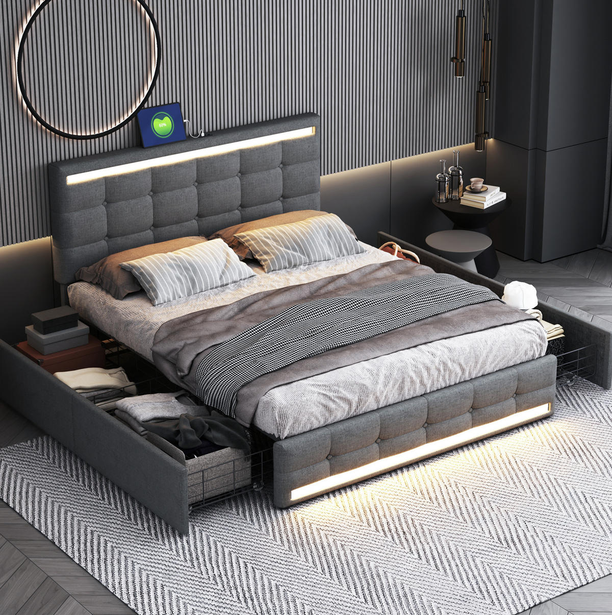 ČALÚNENÁ posteľ 140/200 cm s LED osvetlením, 2 USB portami a 4 zásuvkami, úložná, Sivá - sivá, textil (140/200cm) - Redom