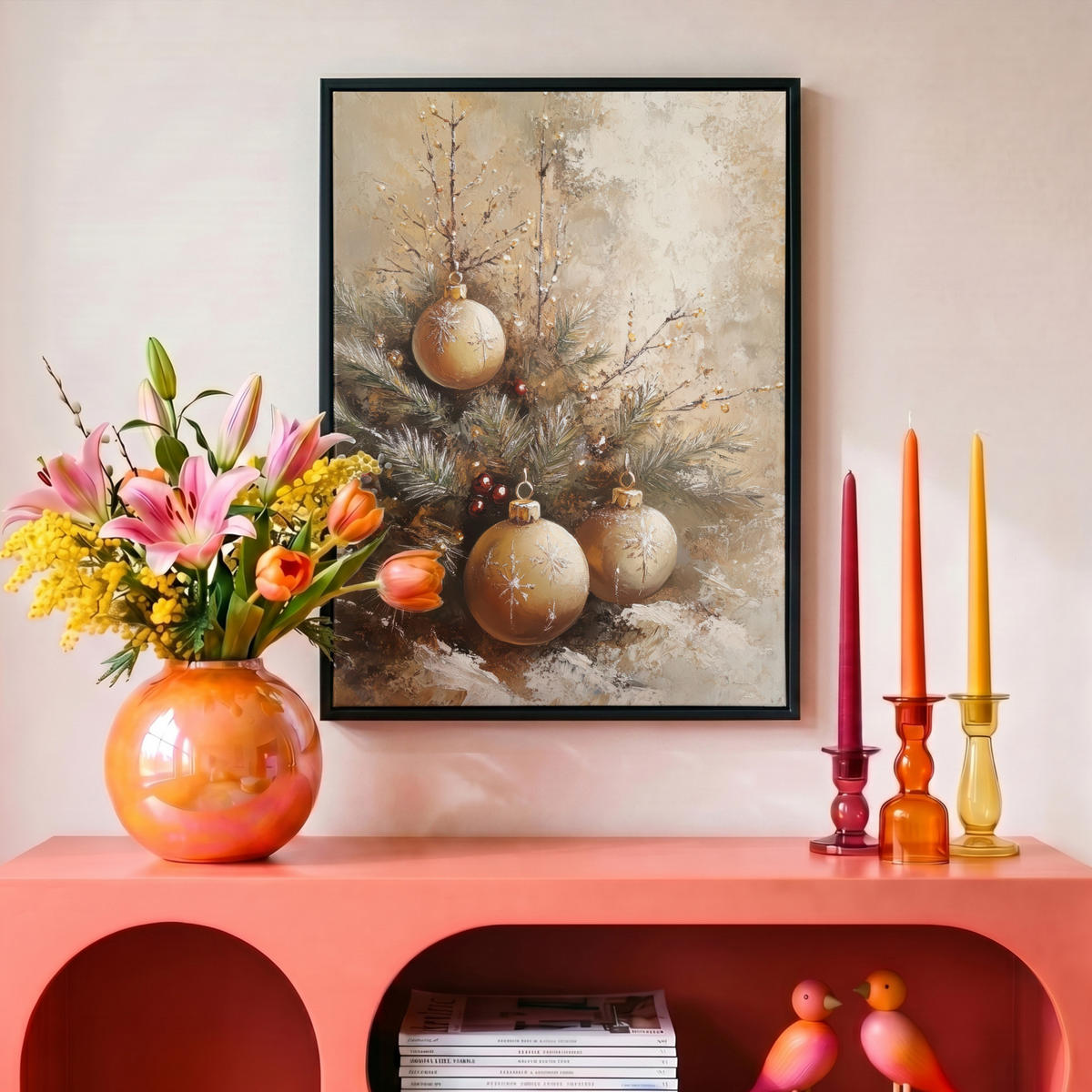 LEINWAND Bilder mit Rahmen - Weihnachten - Kugeln - Beige - Gold - 30x40 - Goldfarben, Textil (30/40cm) - MuchoWow