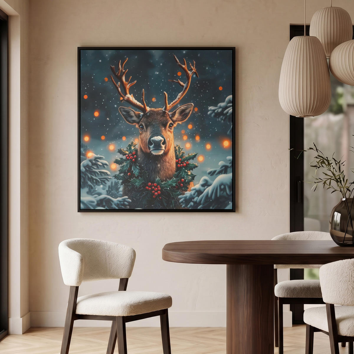 LEINWAND Bilder mit Rahmen - Hirsch - Weihnachten - Winter - Schnee - Weihnachtskranz - 90x90 - Dunkelbraun, Textil (90/90cm) - MuchoWow