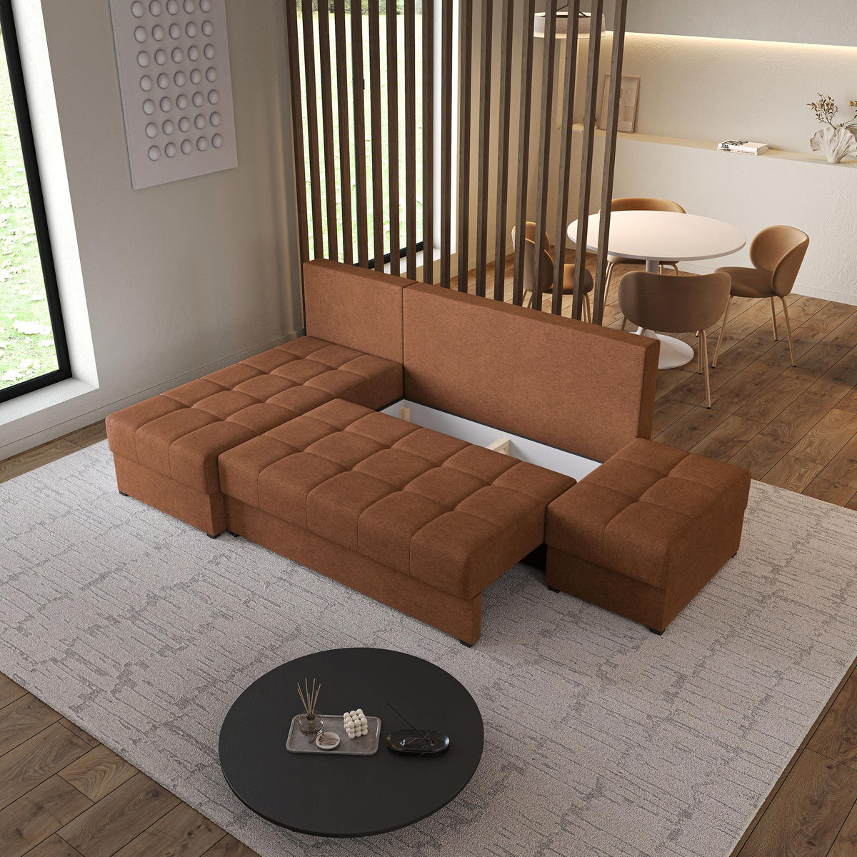 ECKSOFA NORVIupferfarben Geflochtener Stoff mit Schlaffunktion - Kupferfarben, Holz (251/143cm) - MASSENO