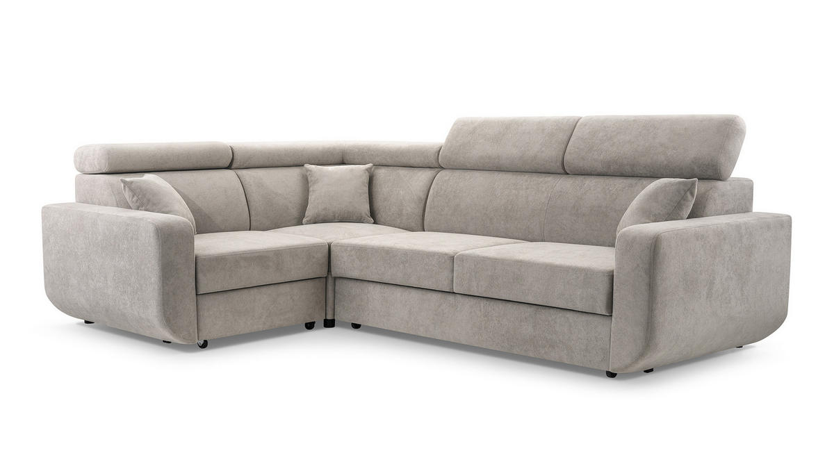 ECKSOFA RENO Beige Plüsch-Stoff mit Schlaffunktion - Beige, Holz (263/184cm) - MASSENO