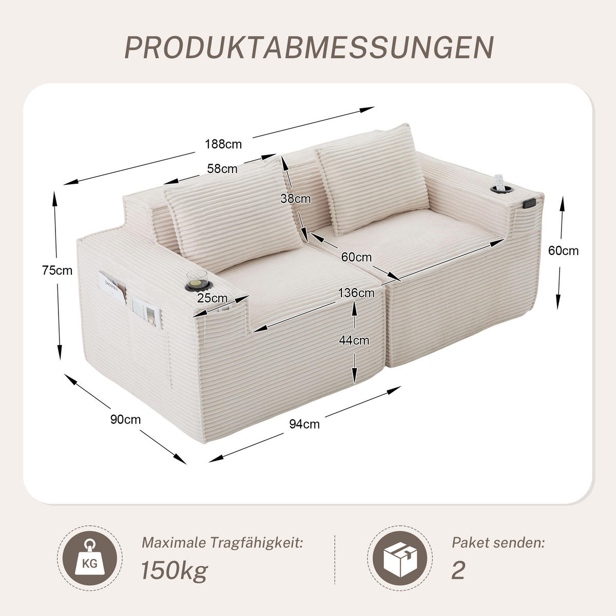 2-SITZER-SOFA DE-33835 modular mit Getränkehaltern Beige - Beige, Textil (188/75/90cm) - ComfortXL