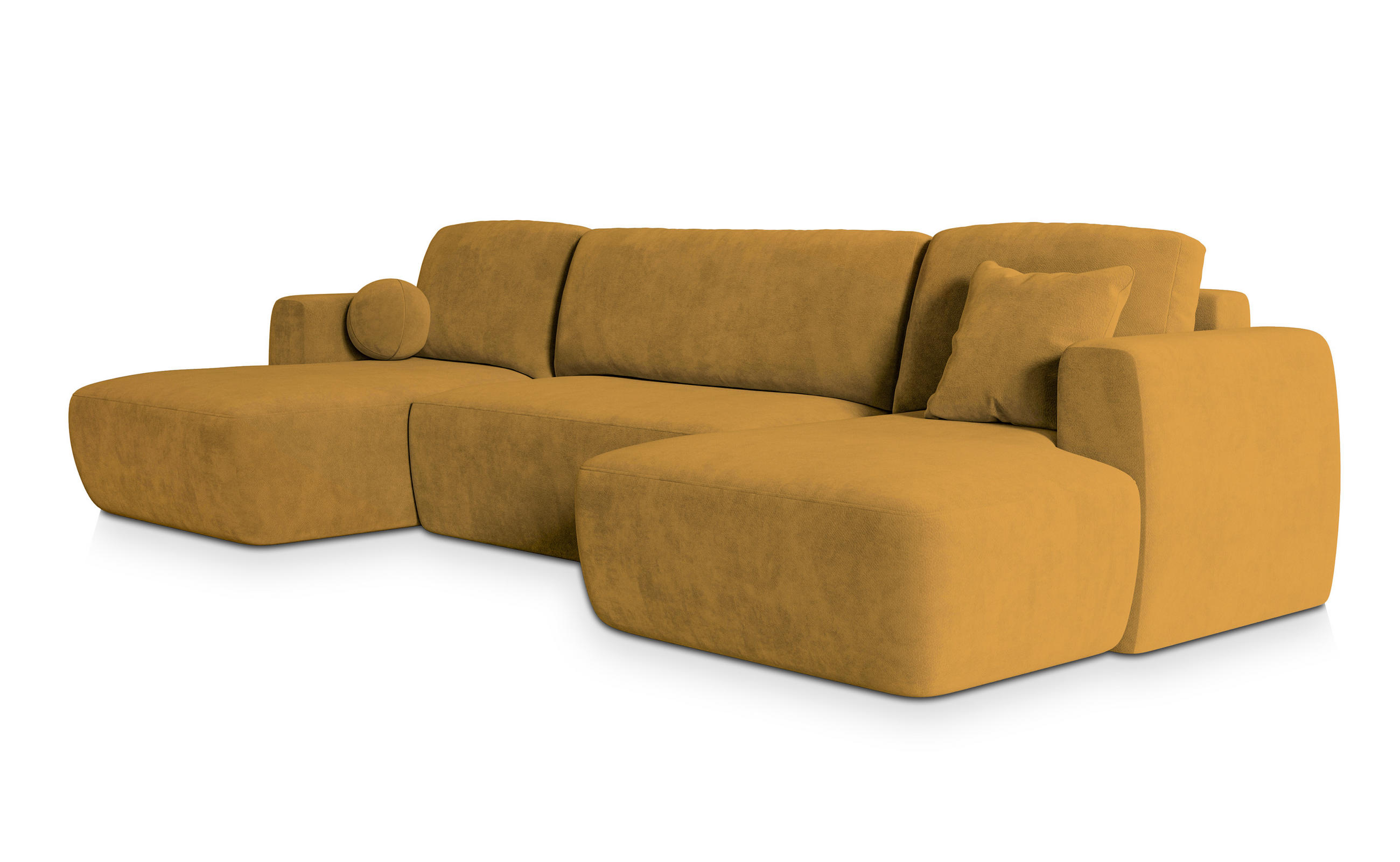 WOHNLANDSCHAFT SENTUM K Gelb Plüsch-Stoff mit Schlaffunktion - Gelb, Holz (330/90/148cm) - MASSENO