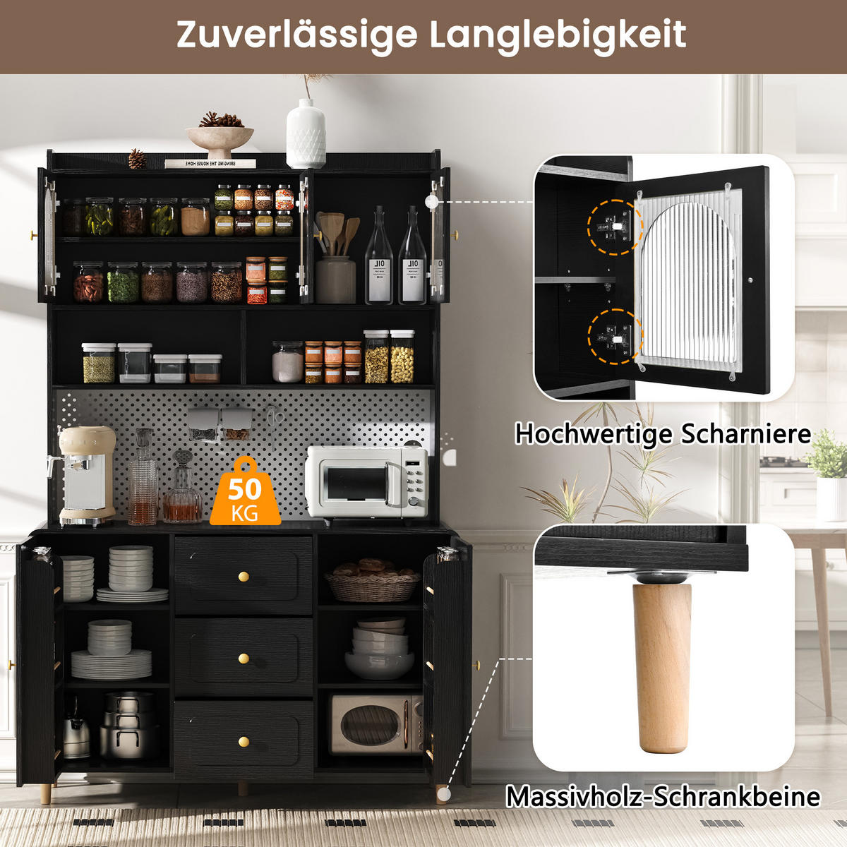 HIGHBOARD in Schwarz Küchenschrank mit Lochbrett und Schubladen für Esszimmer und Küche, B120/T40/H190 cm - Schwarz/Naturfarben, Glas/Holz (120/190/40cm) - STILVORA