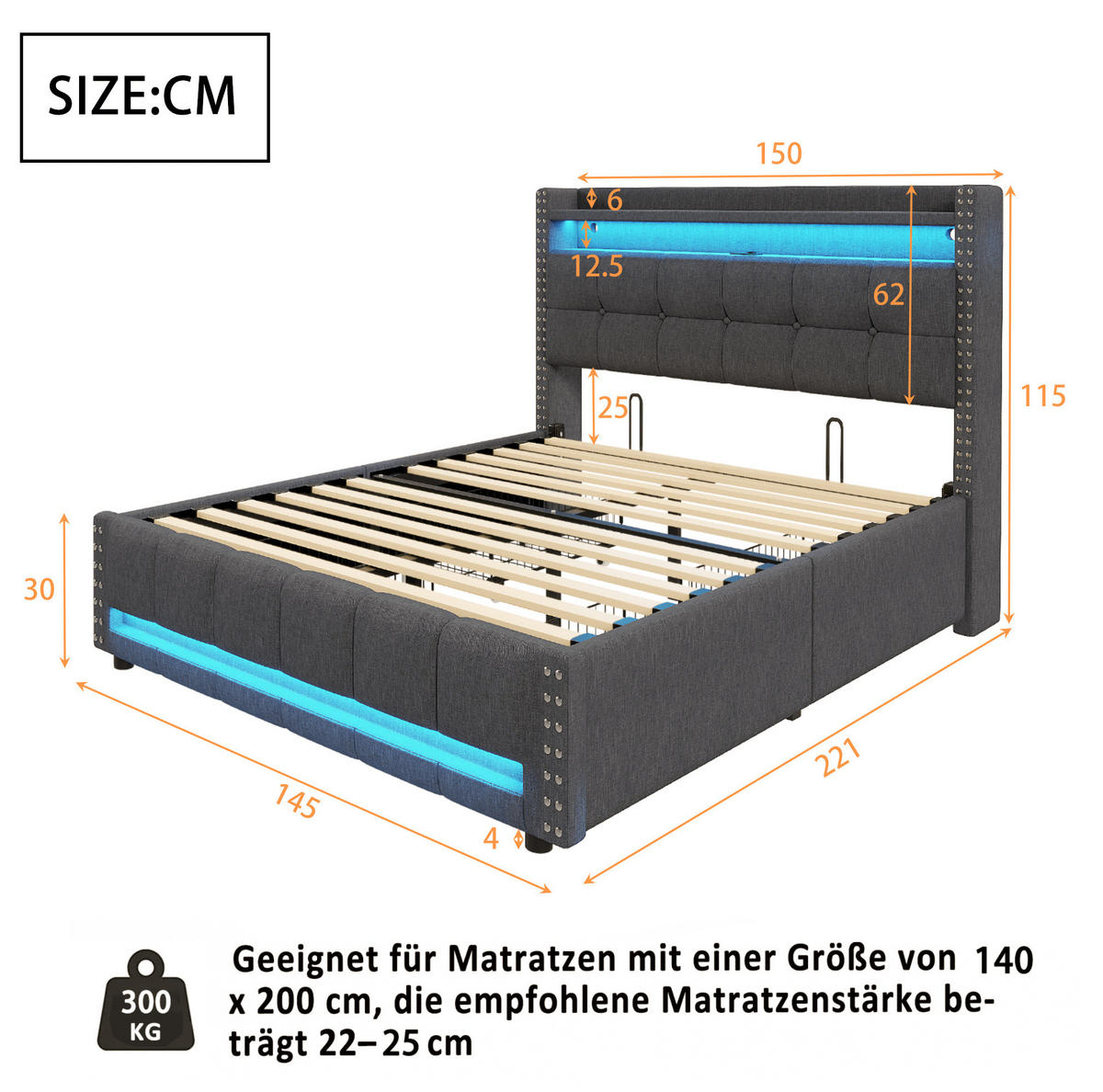 ČALÚNENÁ posteľ 140/200 cm s LED osvetlením, USB portom, policami a 4 zásuvkami, Sivá - sivá, textil (140/200cm) - Redom