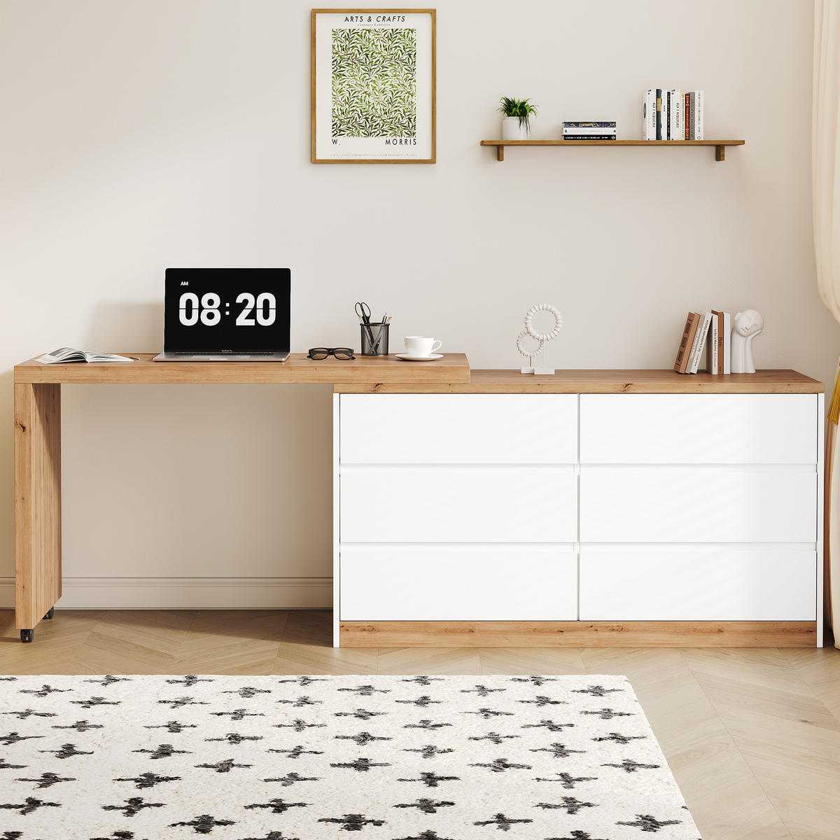 SCHREIBTISCH Klappbar Drehbar Rollen Weiß Eiche Modern - Multicolor, Holzwerkstoff (50/120/78cm) - FLIEKS