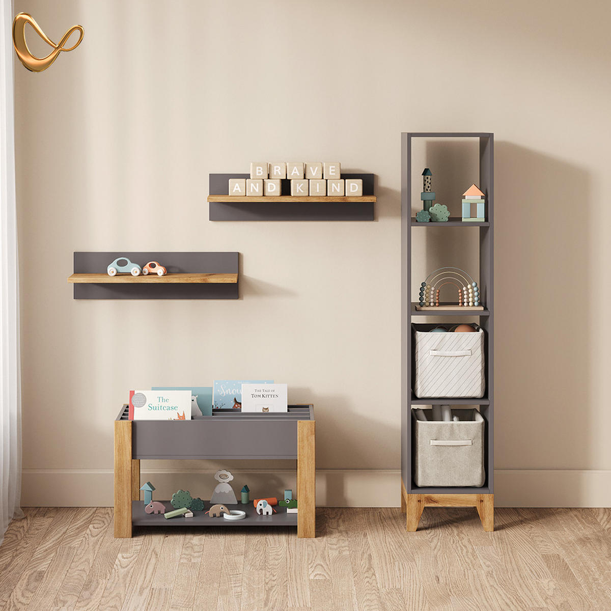KINDERREGAL Mailo Grau/Artisan 80 x 46 cm - Eiche Artisan/Grau, Holzwerkstoff (80/46/40cm) - Livinity®
