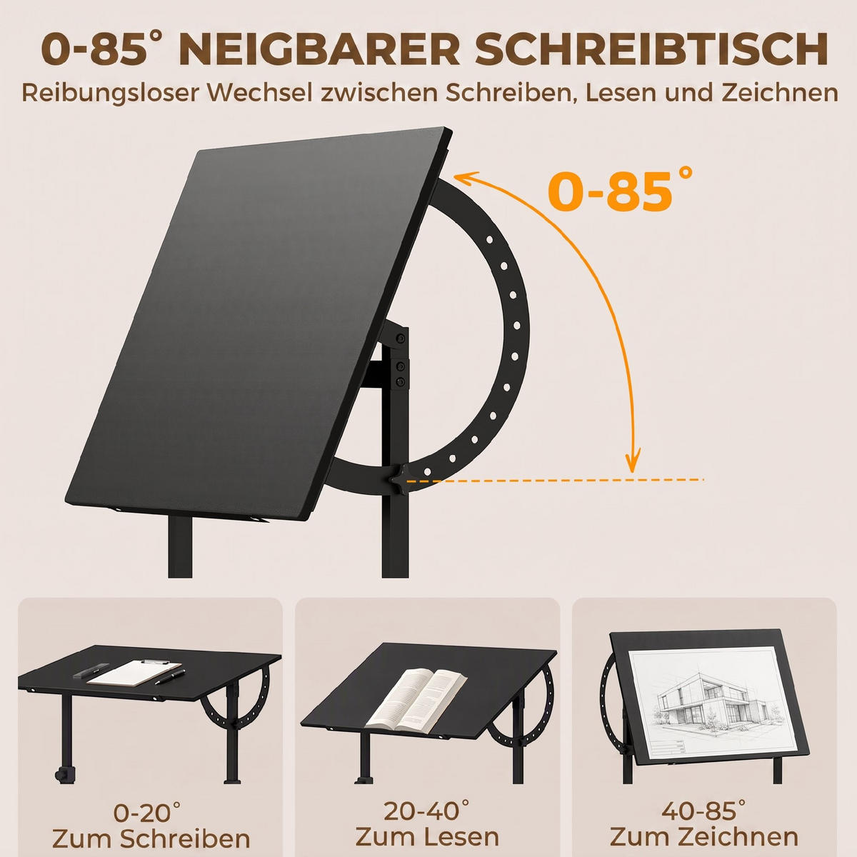 ZEICHENTISCH Spanplatte Stahl Schwarz - Schwarz, Holzwerkstoff/Metall (90/60/90cm) - HOMCOM