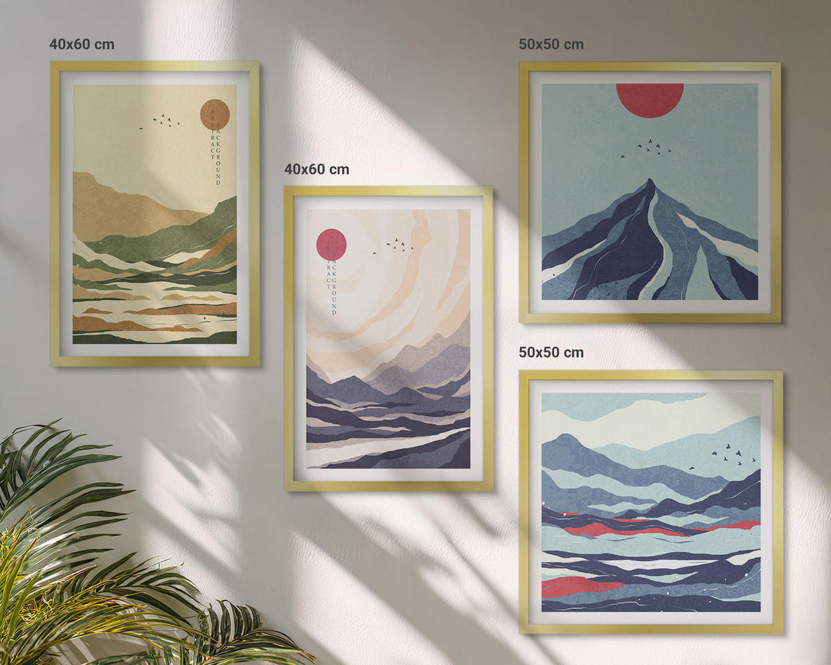 WANDBILDER 4er Set - 50x50 cm & 40x60 cm Goldrahmen - Pastellfarbene Berge im Japandi-Stil - Goldfarben, Kunststoff (50/50cm) - ArtPrintCave