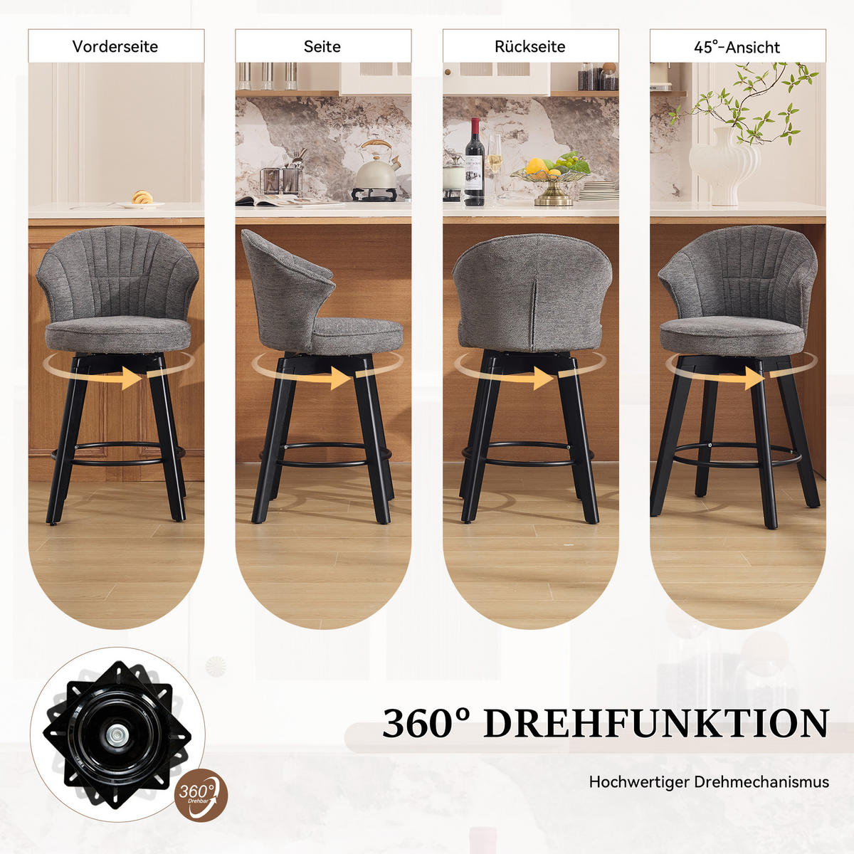 BARHOCKER DE-36257 2er-Set mit 360°-Drehung Grau - Grau, Metall (51/92.5/52.5cm) - ComfortXL