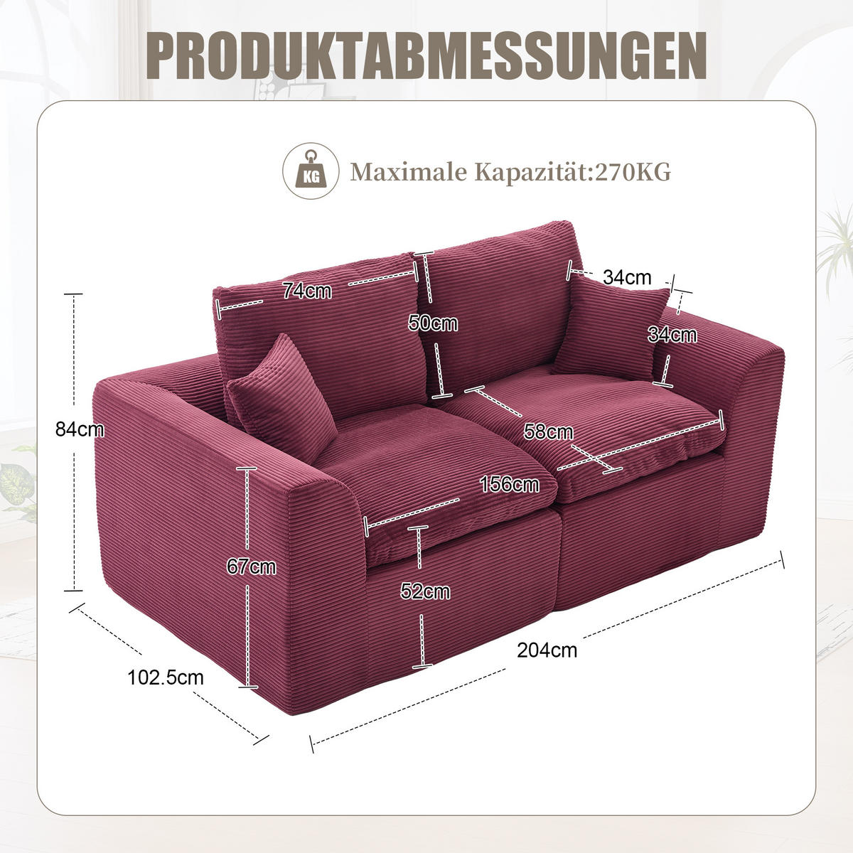 2-SITZER SOFA Cord Weinrot mit Kissen - Weinrot, Textil (204/84/102.5cm) - WISHDOR