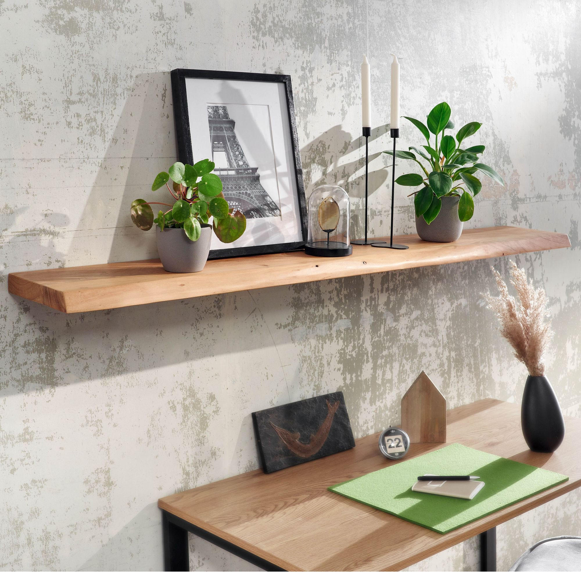 WANDREGAL Akazienholz Baumkante Rustikal, Beige 160x26x4 cm - Beige, Holz (160/4/26cm) - KADIMA DESIGN