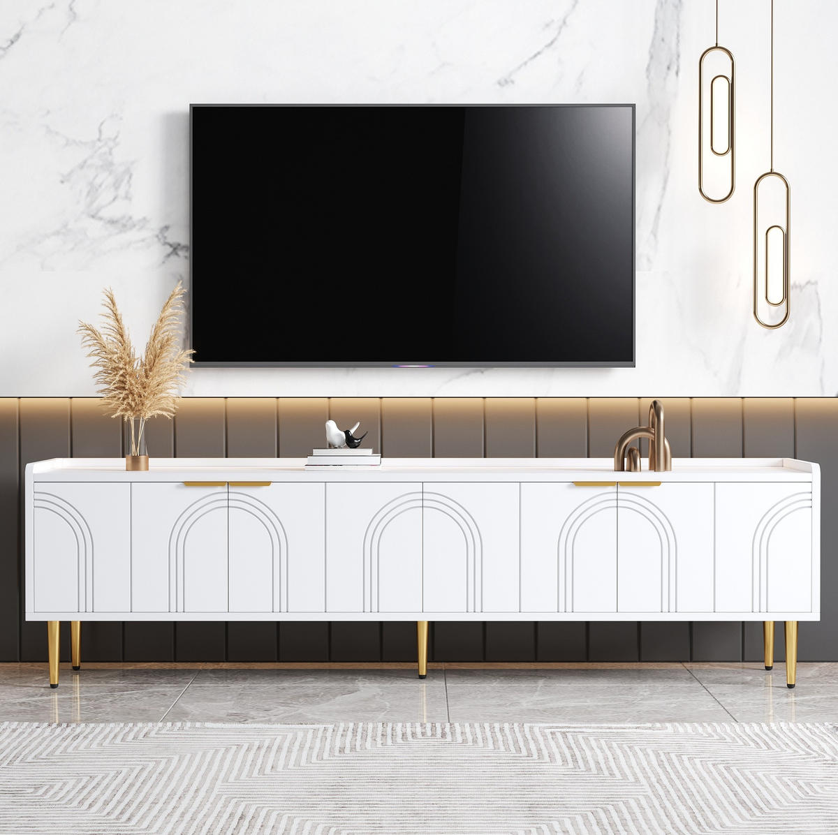 TV-SCHRANK in Weiß mit 3D-Türen und goldfarbenen Griffen 170/35/47.5 cm - Weiß, Holzwerkstoff (170/47.5/35cm) - Redom