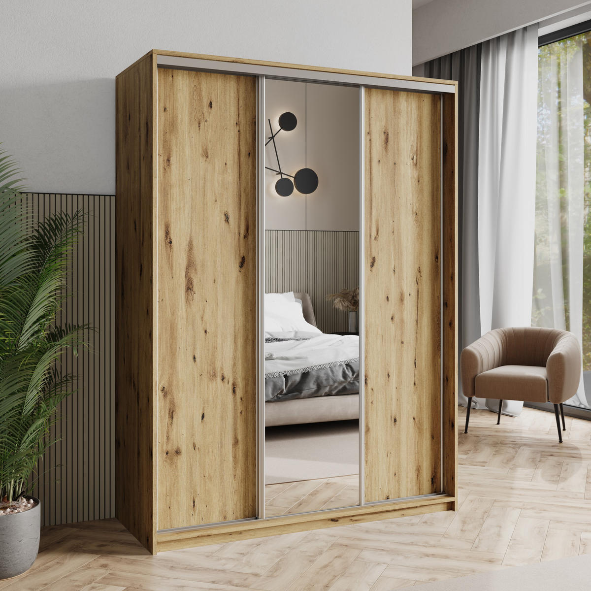 SCHWEBETÜRENSCHRANK TAVI 150/205/60 cm 3-türig mit Spiegel Eiche Artisan - Eiche Artisan, Holzwerkstoff (150/205/60cm) - MASSENO