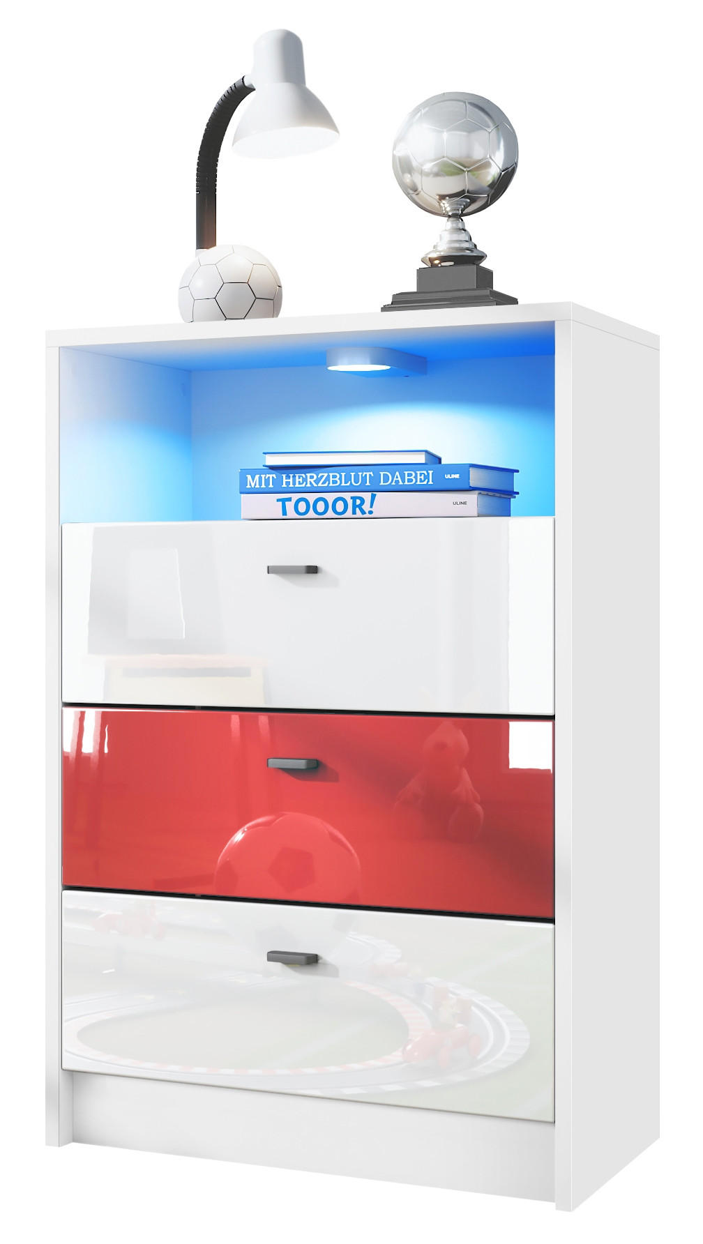 KOMMODE Pino Fronten Weiß, Rot & Weiß - Weiß, Holzwerkstoff (56/86/36cm) - Vladon