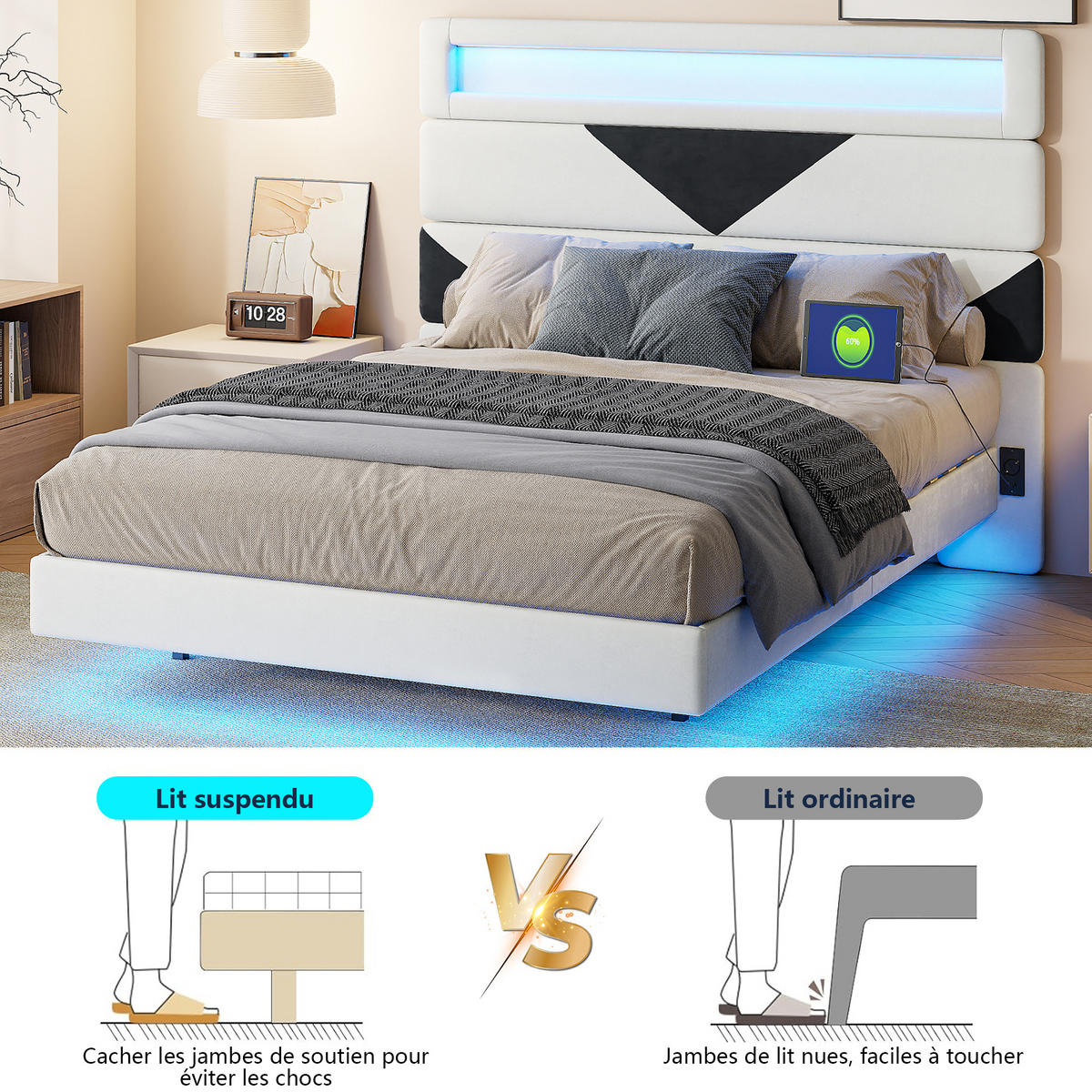 POLSTERBETT 160x200 cm schwebend LED USB Lattenrost Samt weiß - Weiß, Holz (160/200cm) - LEBENLANG