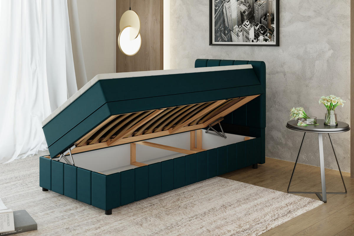 BOXBETT AVALON 90 x 200 cm mit Bettkasten und Topper - Türkis - Türkis, Holz - Panda Möbel