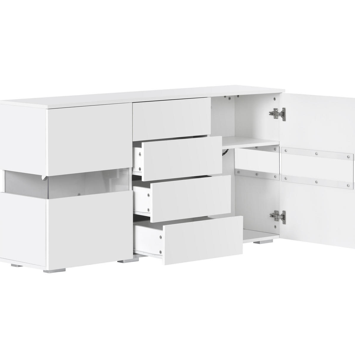 PŘÍBORNÍK z MDF 140x35x72 cm bílý s LED osvětlením, 4 zásuvkami a 2 akrylovými dvířky ve vysokém lesku - bílá, kompozitní dřevo (140/72/35cm) - Modfu