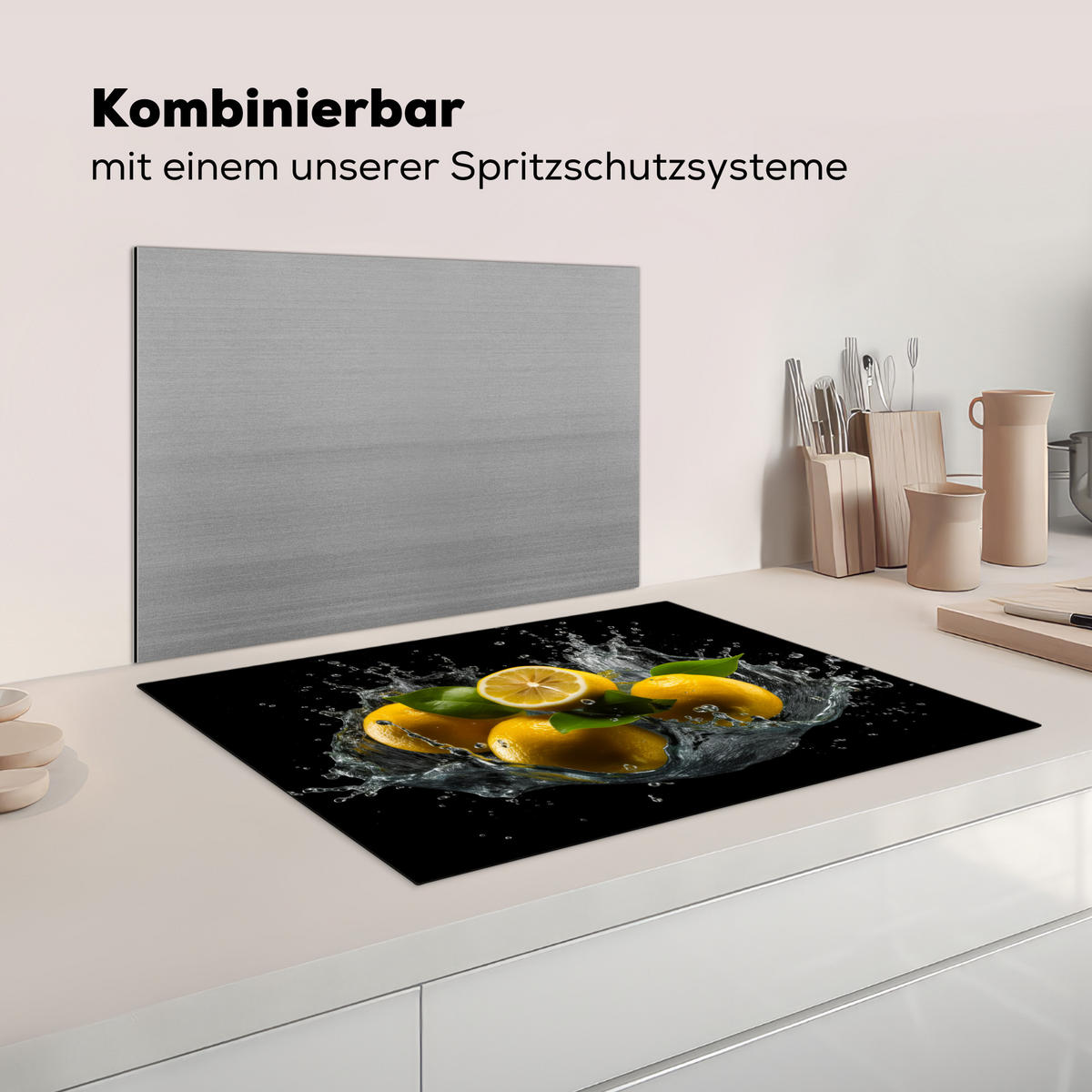 HERDABDECKPLATTE Zitrone - Obst - Gelb - Schwarz Herdabdeckung Induktionsfeld 75x52 cm - Gelb, Kunststoff (75/52/0.2cm) - MuchoWow