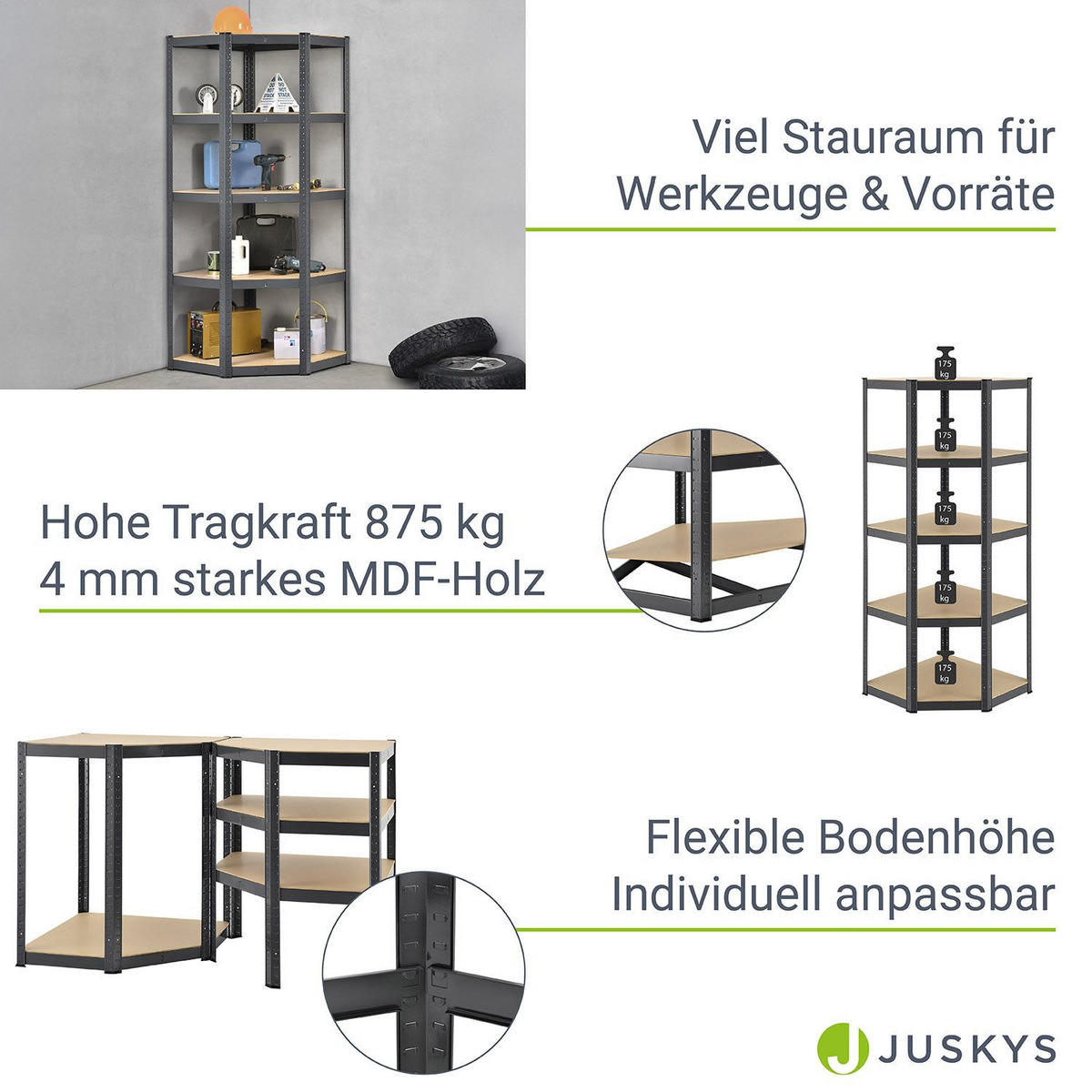 ECKREGAL Lagerregal Corner Basic grau 180x70x40 cm - Grau, Metall (70/180/70cm) - Juskys